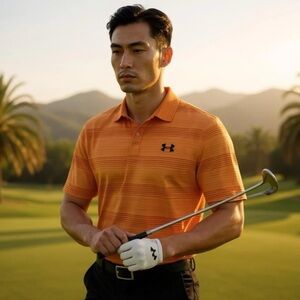 Under Armour Playoff Polo Shirt Mens Stretch Performance Orange Striped Sz Lg